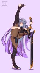 1girl absurdres blush bodystocking breasts closed_mouth fishnet_bodystocking fishnets flexible full_body hair_ornament highres holding holding_sword holding_weapon large_breasts leg_lift leg_up long_hair looking_at_viewer multicolored_hair purple_hair rosuart simple_background smile smug solo split standing standing_on_one_leg standing_split sword twintails v4mirai very_long_hair virtual_youtuber weapon yae_yugiri yellow_eyes