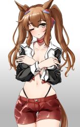 1girl animal_ears blush brown_eyes brown_hair collarbone covering_privates covering_breasts crop_top curren_mirotic_(racehorse) hair_ornament highres horse_ears horse_girl horse_tail komb looking_at_viewer medium_hair navel one_eye_closed shorts simple_background solo tail twintails umamusume white_background