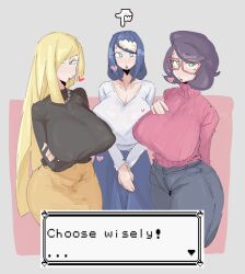 Rule 34 | 3girls, absurdres, alternate breast size, arm behind back, arms under breasts, blonde hair, blue eyes, blue hair, breasts, cleavage, commentary, covered erect nipples, covered groin, crossed arms, denim, dialogue box, english commentary, english text, glasses, green eyes, hair ornament, hair over one eye, hand up, hands on own chest, hands on own crotch, heart, highres, jeans, jewelry, lana&#039;s mother (pokemon), large breasts, leebo (leeboxxx), long sleeves, looking at viewer, lusamine (pokemon), mature female, multiple girls, necklace, nintendo, one eye covered, open mouth, own hands together, pants, pearl necklace, pencil skirt, pokemon, pokemon (anime), pokemon sm (anime), purple hair, skirt, spoken heart, standing, sweater, thick thighs, thighs, turtleneck, turtleneck sweater, wicke (pokemon)