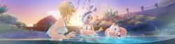4girls absurdres atea_(genshin_impact) bad_source bare_shoulders bathing bikini blonde_hair blue_hair blue_nails body_markings breasts casual_one-piece_swimsuit closed_eyes cloud criss-cross_halter criss-cross_straps dark-skinned_female dark_skin dress_swimsuit facing_viewer flower game_cg genshin_impact grass hair_flower hair_ornament hairband halo halterneck hands_up hawaiian_clothes highres innertube knees_up legs long_hair looking_at_another looking_to_the_side lumine_(genshin_impact) lumine_(hot_springs)_(genshin_impact) mualani_(genshin_impact) mualani_(hot_springs)_(genshin_impact) multiple_girls nail_polish navel official_alternate_costume one-piece_swimsuit onsen open_mouth outdoors paimon_(genshin_impact) paimon_(hot_springs)_(genshin_impact) partially_submerged pink_innertube pointing red_eyes same-sex_bathing shared_bathing short_hair_with_long_locks sitting sky small_breasts smile sun swim_ring swimsuit tan third-party_source walking water wet white_bikini white_hair