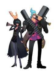 Rule 34 | 1boy, 1girl, black coat, black dress, black hair, black jacket, black pants, black shoes, blue hair, blunt bangs, breasts, cleavage, closed mouth, coat, dress, floral print shirt, franky (one piece), full body, grey pantyhose, grin, gun, height difference, highres, holding, holding gun, holding weapon, jacket, ki2ri5, long sleeves, looking at viewer, nico robin, official alternate costume, one piece, one piece: strong world, open clothes, open coat, open jacket, pants, pantyhose, purple shirt, shirt, shoes, short hair, smile, standing, suit jacket, sunglasses, twitter username, weapon, white background