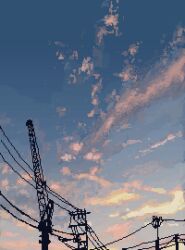 Rule 34 | blue sky, from below, gradient background, highres, hisachan55cute, no humans, original, pink clouds, pixel art, power lines, scenery, silhouette, sky, sunrise