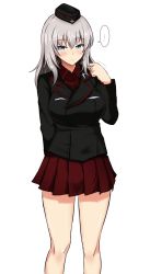 Rule 34 | ..., 1girl, black jacket, blue eyes, blush, breasts, closed mouth, cowboy shot, cross, female focus, garrison cap, hair between eyes, hat, highres, itsumi erika, jacket, kuromorimine military uniform, large breasts, long hair, long sleeves, looking at viewer, military, military uniform, poshi (ginmokusei), red shirt, red skirt, shirt, silver hair, skirt, solo, spoken ellipsis, twirling hair