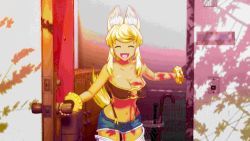 1girl 3d animal_ears animated animated_gif blonde_hair blue_eyes bouncing_breasts breasts cleavage dark_skin fingerless_gloves gloves large_breasts liru looking_at_viewer lowres myu_ranran renkin_san-kyuu_magical_pokaan shorts tail wolf_ears wolf_tail