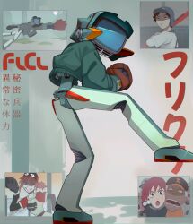 2girls 6+boys american_flag baseball baseball_bat baseball_cap baseball_glove canti cat clothed_robot copyright_name flcl haruhara_haruko hat highres holding holding_baseball_bat multiple_boys multiple_girls nandaba_naota nandaba_shigekuni open_mouth parasoru_buruu pink_hair pitching robot samejima_mamimi takkun_(flcl)