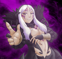 1girl alanes aura aversa_(fire_emblem) black_nails breasts cleavage dark-skinned_female dark_aura dark_skin facial_mark female_focus fingernails fire_emblem fire_emblem_awakening highres large_breasts long_fingernails long_hair nail_polish navel nintendo parted_bangs smile solo standing watermark white_hair