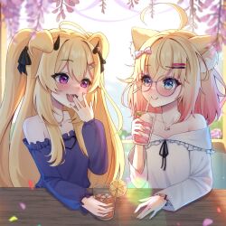 2girls ahoge animal_ears armpit_crease black_horns blonde_hair blue_eyes bow cat_ears cerber_(vtuber) collarbone commentary cup demon_horns dog_ears dress drink drinking_straw english_commentary fang flower glass hair_between_eyes hair_bow hair_ornament hairclip hand_up head_rest highres holding holding_cup horns iced_tea indie_virtual_youtuber jewelry keipup long_hair minikomew multiple_girls necklace off-shoulder_dress off_shoulder official_alternate_costume official_art petals pink_flower pink_nails pink_rose plant purple_dress purple_eyes restaurant rose round_eyewear second-party_source skin_fang small_horns twintails upper_body white_dress