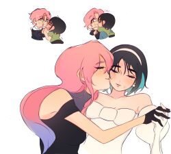 Rule 34 | 2girls, absurdres, alien stage, bare shoulders, black dress, black gloves, black hair, closed eyes, collared shirt, commentary, dress, gloves, green shirt, hairband, hashtag-only commentary, highres, holding hands, interlocked fingers, kiss, lipstick mark, lipstick mark on face, long hair, mizi (alien stage), mojiiii222, multiple girls, off-shoulder dress, off shoulder, parted lips, pink hair, shirt, short hair, simple background, smile, sua (alien stage), white background, white dress, white gloves, white hairband, white shirt, yellow eyes, yuri