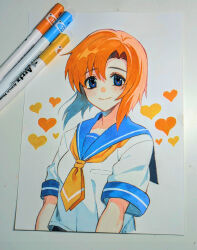 Rule 34 | 1girl, art tools in frame, blue eyes, blue sailor collar, closed mouth, commentary request, hair between eyes, heart, highres, higurashi no naku koro ni, neckerchief, numbers (pigpenandpaper), orange hair, parted bangs, photo (medium), ryuuguu rena, sailor collar, school uniform, serafuku, shirt, short sleeves, smile, solo, traditional media, white shirt, yellow neckerchief