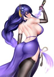 1girl alternate_costume ass backless_dress backless_outfit bare_back black_gloves black_thighhighs braid breasts chinese_commentary commentary_request dress elbow_gloves flower from_behind genshin_impact gloves hair_between_eyes hair_flower hair_ornament hand_up highres human_scabbard large_breasts long_hair looking_at_viewer looking_back mepurin_(scarlet59833) mole mole_under_eye musou_isshin_(genshin_impact) purple_dress purple_eyes purple_flower purple_hair raiden_shogun shoulder_blades sideless_dress simple_background solo thighhighs very_long_hair white_background