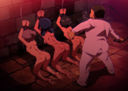 1boy 3girls arms_up ass bdsm bondage bondage_cuffs bound breasts censored character_request clothed_female_nude_male commentary completely_nude english_commentary gundam gundam_gquuuuuux holding holding_whip jcm2 kanchana kneeling lalah_sune loli long_sleeves mosaic_censoring multiple_girls nude pussy restrained short_hair sideboob small_breasts tan vani_(gundam) whipping