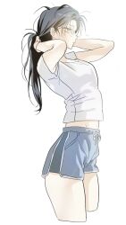 1girl artist_request black_hair expressionless highres navel_peek shirt shorts source_request tagme tying_hair