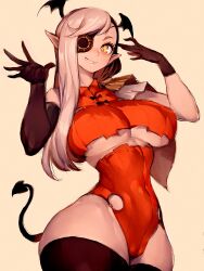 Rule 34 | 1girl, ado (utaite), asymmetrical gloves, bat wings, black gloves, breasts, cape, capelet, clothing cutout, curvy, eyepatch, fang, fumio (rsqkr), gloves, halloween, head wings, highres, large breasts, leotard, long hair, lugosi (ado), mismatched gloves, navel, o-ring, original, pointy ears, revealing clothes, show (ado), side cape, thighhighs, underboob, underboob cutout, vampire, vampire costume, white capelet, wide hips, wings, yellow background, yellow eyes