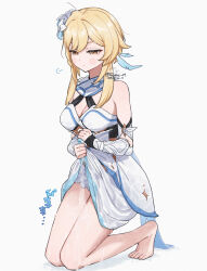 1girl barefoot blonde_hair breasts commentary_request dated dress earrings feather_earrings feathers flower genshin_impact hair_flower hair_ornament highres jewelry kneeling lumine_(genshin_impact) medium_breasts q_(oshikuraq) short_hair sidelocks simple_background solo squeezing twitter_username water wet wet_clothes wet_dress white_background white_dress yellow_eyes