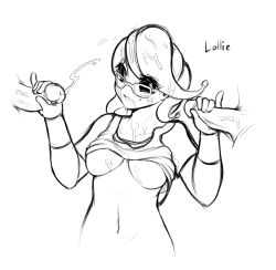 1girl 2boys breasts cum double_handjob dragon_ball dragon_ball_xenoverse female_majin glasses handjob majin_(race) monochrome multiple_boys penis