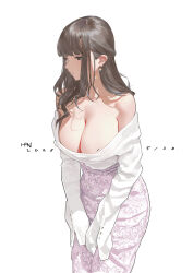 1girl artist_name blunt_bangs breasts brown_eyes brown_hair chinese_commentary cleavage commentary_request cowboy_shot dated earrings floral_print_skirt hair_behind_ear han-0v0 highres jewelry large_breasts long_hair long_skirt looking_to_the_side mole mole_on_cheek mole_on_shoulder off-shoulder_shirt off_shoulder original pencil_skirt photo-referenced pink_skirt shirt sidelocks simple_background skirt solo v_arms white_background white_shirt
