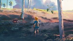 1boy arrow_(projectile) belt belt_pouch blonde_hair blue_pants blue_shirt blurry boots brown_boots campfire cloud day depth_of_field flower grass highres holding holding_arrow knee_boots link multiple_belts nin0019 nintendo outdoors pants pointy_ears ponytail pot pouch scenery shirt short_hair short_ponytail sky solo standing steam stream sword the_legend_of_zelda the_legend_of_zelda:_breath_of_the_wild tree wading water weapon wide_shot
