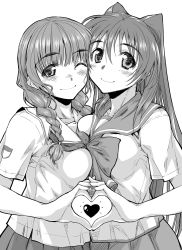 2girls four-finger_heart_hands asymmetrical_docking blush bow braid breast_press breasts cheek-to-cheek crossover female_focus greyscale heads_together heart heart_hands heart_hands_duo kimi_kiss kousaka_tamaki long_hair medium_breasts mizusawa_mao monochrome multiple_girls one_eye_closed school_uniform simple_background smile to_heart_(series) to_heart_2 twin_braids twintails wink yamaguchi_homupe yuri
