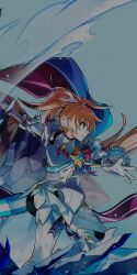 1boy ahoge armor black_shirt blonde_hair blue_background blue_cape blue_eyes blue_sash brown_hair cape chung_seiker colored_tips determined elsword feet_out_of_frame floating_cape floating_hair full_armor hair_ornament hair_over_one_eye highres holding holding_shield hwansang light_particles long_hair magic male_focus multicolored_hair official_art parted_lips pink_cape pointy_nose ponytail sash second-party_source shield shirt simple_background solo trap two-sided_cape two-sided_fabric v-shaped_eyebrows very_long_hair