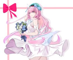 Rule 34 | 1girl, absurdres, alternate costume, blue eyes, bouquet, breasts, chinese commentary, commentary request, dress, elf, elysia (honkai impact), flower, from side, hairband, highres, holding, holding bouquet, honkai (series), honkai impact 3rd, long hair, medium breasts, parted lips, pink hair, pointy ears, qianying, solo, very long hair, white background, white dress, white hairband