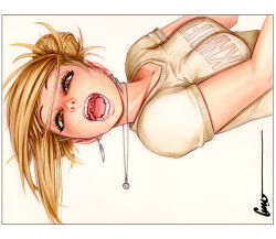 1girl blonde_hair boku_no_hero_academia double_bun earrings floating_earring hair_bun jewelry looking_at_viewer messy_hair necklace omar_dogan open_mouth orange_eyes shirt simple_background solo teeth toga_himiko traditional_media uvula yellow_shirt