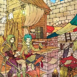 2boys aqua_hair black_pantyhose black_shirt boots bread brick_wall brown_hair camus_(dq11) commentary_request crossed_legs dragon_quest dragon_quest_xi food green_boots grey_boots hero_(dq11) highres holding holding_food holding_sandwich hood hood_down hood_up hooded_jacket jacket loaf_of_bread male_focus multiple_boys pantyhose parted_bangs parted_lips purple_tunic sandwich scroll shirt short_hair sitting smile sword toriga town tunic weapon weapon_on_back