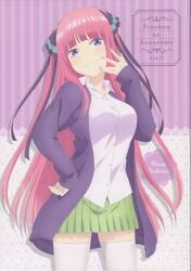 1girl absurdres blue_eyes blue_nail_polish blue_nails breasts butterfly_hair_ornament collarbone collared_shirt dot_nose english_text female_focus go-toubun_no_hanayome green_skirt hair_ornament hand_on_own_face hand_on_own_hip highres jacket kneehighs large_breasts legs long_hair long_sleeves looking_at_viewer miniskirt multicolored_nails nail_polish nakano_nino official_art pink_hair pink_nails pleated_skirt purple_jacket school_uniform shirt skirt smirk smug socks solo solo_focus teeth thighhighs thighs twintails two-tone_nails very_long_hair white_shirt white_thighhighs zettai_ryouiki