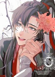 Rule 34 | 2boys, ankekkai, bishounen, black hair, black hanfu, branch, chinese clothes, english text, flower, grey eyes, hair flower, hair ornament, hair ribbon, hand on another&#039;s cheek, hand on another&#039;s face, hanfu, highres, holding hands, long hair, long sleeves, looking at viewer, male focus, modao zushi, multiple boys, open mouth, out of frame, ponytail, pov, pov hands, red ribbon, ribbon, sidelocks, smile, solo focus, teeth, twitter username, upper body, watermark, wei wuxian, white background, yaoi