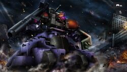 absurdres battle bazooka_(gundam) building burning cable cityscape copyright_logo dust_cloud fire game_screenshot gundam gundam_battle_operation_2 highres machinery mecha mecha_focus mobile_suit no_humans official_art one-eyed painting_(medium) realistic robot ruins scan science_fiction smoke sunrise_(company) tenjin_hidetaka traditional_media video_game window xamel zeon