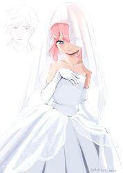 1boy absurdres artist_name bare_shoulders blue_eyes bridal_veil closed_mouth collarbone commentary crossdressing crossdressing_(mtf) doodle_inset dress elbow_gloves feet_out_of_frame floral_print gloves hand_up highres long_dress looking_at_viewer male_focus motimoti_mgmg ocean_prince pink_hair puyopuyo puyopuyo_fever_2 salde_canarl_shellbrick_iii see-through_clothes see-through_veil short_hair simple_background smile solo sparkling_eyes standing strapless strapless_dress trap twitter_username veil wedding_dress white_background white_dress white_gloves