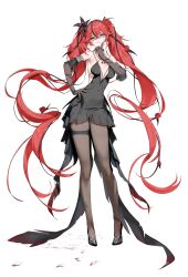 1girl absurdres alternate_costume bare_shoulders black_dress black_flower black_gloves breasts camellya_(wuthering_waves) commentary dress elbow_gloves flower full_body gloves grey_pantyhose hair_between_eyes hair_flower hair_ornament hand_on_own_hip hashtag-only_commentary high_heels highres large_breasts long_hair looking_at_viewer pantyhose parted_lips red_eyes red_flower red_hair red_pupils red_rose rose simple_background sketch smile solo twintails very_long_hair white_background wuthering_waves youngjoo_kjy