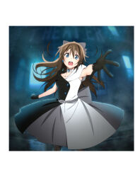 1girl artbook belt black_bow black_gloves black_pantyhose blue_eyes bow brown_hair buttons choker collarbone dress earrings evening_gown floating_hair gloves hair_between_eyes hair_bow highres huge_bow jewelry lace lace_gloves lace_trim long_hair looking_at_viewer love_live! love_live!_nijigasaki_high_school_idol_club non-web_source off-shoulder_dress off_shoulder official_art open_mouth osaka_shizuku outstretched_arm pantyhose sidelocks sleeveless sleeveless_dress solitude_rain_(love_live!) solo standing two-tone_dress white_bow