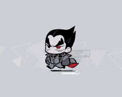 1boy chibi chibi_only coat full_body grey_background grey_theme heterochromia jacket kotorai male_focus mishima_kazuya monochrome necktie no_mouth no_nose pants running scar scar_on_face shadow sideburns signature solo spot_color striped_clothes striped_jacket striped_pants tekken v-shaped_eyebrows watermark