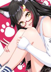 1girl absurdres alternate_costume animal_ear_fluff animal_ears black_hair borumete female_focus glasses hair_ornament hairclip hand_on_leg highres hololive long_hair long_sleeves looking_at_viewer ookami_mio ookami_mio_(casual) open_mouth paw_print paw_print_pattern red-framed_eyewear sitting solo tail tail_wrap tongue virtual_youtuber white_sleeves wolf_ears wolf_girl wolf_tail yellow_eyes