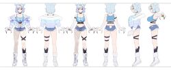 Rule 34 | 1girl, absurdres, animal ears, animal hands, arm strap, bear ears, bear girl, bear tail, black choker, blue hair, blue jacket, blue shorts, blue tank top, boots, breasts, choker, cleavage, collarbone, gradient hair, grey hair, hair ornament, hairpin, highres, icey snowpaws, jacket, kamameshi gougoumaru, lace-up boots, multicolored hair, multiple views, navel, navel piercing, open clothes, open fly, open jacket, pantyhose, piercing, purple hair, reference sheet, second-party source, short hair, short shorts, shorts, single leg pantyhose, stomach, tail, tank top, torn clothes, torn pantyhose, vallure, virtual youtuber, white boots, yellow eyes