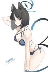 1girl absurdres animal_ear_fluff animal_ears artist_name bakeneko bikini black_bikini black_eyes black_hair black_tail blue_archive blue_bikini blue_halo blue_tail blunt_ends breasts bright_pupils cat_ears cat_girl cat_tail cleavage commentary_request criss-cross_straps gradient_tail halo hand_on_own_knee happy05x highres kikyou_(blue_archive) kikyou_(swimsuit)_(blue_archive) layered_bikini leaning_forward looking_at_viewer medium_breasts multiple_tails official_alternate_costume short_hair side-tie_bikini_bottom simple_background skindentation solo swimsuit tail thighs two_tails white_background white_pupils