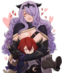 Rule 34 | 2girls, :d, absurdres, belt, biting, biting arm, black belt, black boots, black gloves, black robe, boots, breasts, camilla (fire emblem), cleavage, closed eyes, facing viewer, fang, female morgan (fire emblem), fire emblem, fire emblem fates, gloves, grey pants, grey shirt, hair between eyes, hair over one eye, happy, heart, highres, hug, hug from behind, knee boots, large breasts, long hair, long sleeves, multiple girls, nintendo, open mouth, pants, purple hair, red eyes, red hair, robe, shirt, short hair, sierra117renner, simple background, smile, struggling, tongue, very long hair, wavy hair, white background