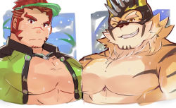 2boys akashi_(live_a_hero) akashi_(water_bullet)_(live_a_hero) animal_ears bara beige_fur bouncing_penis cropped_torso facial_hair furry furry_male goatee grin large_pectorals live_a_hero looking_at_viewer male_focus mask mikiya_(mine_miki0840) multiple_boys muscular muscular_male no_nipples orange_fur pectoral_cleavage pectoral_docking pectoral_press pectorals ryekie_(live_a_hero) scar scar_on_face scar_on_nose short_hair smile thick_eyebrows tiger_boy tiger_ears two-tone_fur