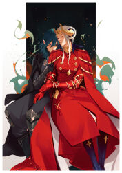 armor armored_dress blue_hair boots cape closed_eyes double_bun dress edelgard_von_hresvelg fake_horns female_byleth_(fire_emblem) fire_emblem fire_emblem:_three_houses hair_bun highres horned_headwear horns leaning_on_person lesly_oh nintendo parted_lips red_armor red_cape red_dress sitting tiara white_hair yuri