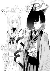 2girls absurdres animal_ear_fluff animal_ears black_hair blue_archive blush cat_ears cat_girl cat_tail closed_mouth greyscale haori highres japanese_clothes kikyou_(blue_archive) long_hair looking_at_another looking_to_the_side monochrome multiple_girls multiple_tails nagusa_(blue_archive) parted_bangs parted_lips pleated_skirt sailor_collar shirt short_hair sidelocks skirt sleeveless sleeveless_shirt tail tail_wrap two_tails white_hair xiegitoai