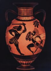 Rule 34 | 1boy, 1girl, amputee, black background, cape, commentary, covered eyes, cyanideoreo, english commentary, father and daughter, fighting, gladiator, greek painting style, helmet, helmet over eyes, holding, holding shield, holding sword, holding weapon, kyros (one piece), loincloth, long hair, muscular, one piece, rebecca (one piece), shield, sparring, sword, vase, weapon