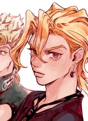 2boys black_necktie black_shirt blonde_hair blurry blurry_background clothing_cutout curtained_hair double-parted_hair earrings food-themed_earrings food_themed_earrings giorno_giovanna hair_between_eyes highres jacket jewelry jojo_no_kimyou_na_bouken looking_at_viewer male_focus multiple_boys necktie okokoro_zaiku pannacotta_fugo purple_eyes shirt solo_focus strawberry_earrings vento_aureo victory_rolls white_background