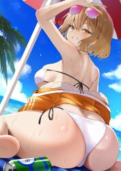 Rule 34 | 1girl, absurdres, anis (nikke), anis (sparkling summer) (nikke), arm up, ass, ass focus, aviator sunglasses, beach, beach umbrella, bikini, blue sky, blush, breasts, brown eyes, brown hair, can, cloud, cloudy sky, commentary request, drink can, eyepatch bikini, eyewear on head, fingernails, from behind, goddess of victory: nikke, hair between eyes, highres, huge ass, jacket, jacket partially removed, large breasts, looking at viewer, looking back, nail polish, nigi (ngmnoym), outdoors, pink-tinted eyewear, short hair, side-tie bikini bottom, sitting, skindentation, sky, smile, soda can, solo, sunglasses, swimsuit, thighs, tinted eyewear, umbrella, under umbrella, wariza, wet, white bikini, yellow-framed eyewear, yellow jacket, yellow nails