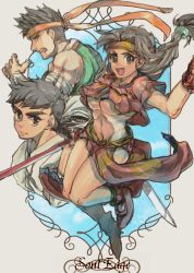 Rule 34 | 1girl, 2boys, black eyes, black hair, breasts, brown eyes, brown hair, character request, headband, hwang seong-gyeong, loincloth, long hair, midriff, multiple boys, open mouth, seong mi-na, short hair, soul calibur, soul edge, underboob, velnar