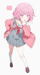 1girl :o absurdres blush cardigan full_body grey_background grey_skirt hand_on_own_chin hand_on_own_hip highres kneehighs loafers long_sleeves looking_at_viewer mikan_(migwang) neckerchief ootori_emu open_cardigan open_clothes open_mouth pink_cardigan pink_eyes pink_hair pleated_skirt project_sekai red_neckerchief sailor_collar school_uniform serafuku shirt shoes short_hair simple_background skirt socks solo sparkle v-shaped_eyebrows white_background white_sailor_collar white_socks