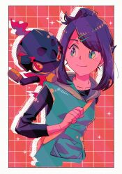 bag black_hair blue_eyes blue_hair charcadet closed_mouth cowlick eyelashes fire g_(xkhkxx) hair_ornament hairclip highres holding hood hoodie liko_(pokemon) multicolored_hair nintendo pokemon pokemon_(anime) pokemon_(creature) pokemon_horizons red_eyes shirt sleeveless smile two-tone_hair upper_body