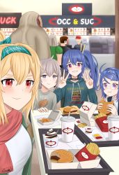 Rule 34 | 4girls, aqua shirt, artist name, black collar, blonde hair, blue hair, blush, bow, closed mouth, collar, doom (series), food, gamryous, girls&#039; frontline, glasses, green bow, green hairband, grey hair, grey shirt, hair bow, hair ornament, hairband, hairclip, hairpin, highres, holding, holding food, k11 (girls&#039; frontline), long hair, looking at viewer, m200 (girls&#039; frontline), multiple girls, multiple hairpins, ponytail, print shirt, purple eyes, quake (series), quake 1, queue, red eyes, red scarf, scarf, shirt, side ponytail, simple background, sitting, smile, sv-98 (girls&#039; frontline), tray, v, white shirt
