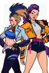 Rule 34 | 2girls, absurdres, akali, belt, black gloves, black pants, black shorts, bra, braid, brown eyes, center opening, clenched teeth, closed mouth, crop top, cropped jacket, crossover, earrings, fingerless gloves, friends, gloves, grey background, hands on own hips, head tilt, high ponytail, highres, jacket, jewelry, k/da (league of legends), k/da akali, kpop demon hunters, league of legends, leaning to the side, long braid, long hair, long sleeves, looking at viewer, looking to the side, multicolored hair, multiple girls, navel, necklace, official alternate costume, open clothes, open jacket, pants, parted lips, peter chai, ponytail, purple belt, purple hair, red lips, rumi (kpop demon hunters), shade, shorts, simple background, single braid, spiked hair, standing, stomach, streaked hair, tan, teeth, thick lips, thick thighs, thighs, two-tone hair, underwear, white belt, yellow jacket