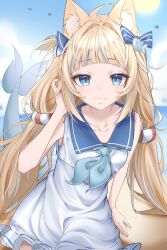 1girl ahoge animal_ears beach blonde_hair blue_bow blue_eyes blue_hair blue_sky bow cat_ears cloud dress fang fins fish_girl fish_tail hair_bow highres indie_virtual_youtuber long_hair looking_at_viewer low_twintails multicolored_hair one_side_up pinari sameko_saba sand sky sleeveless sleeveless_dress smile solo streaked_hair sun tail twintails very_long_hair virtual_youtuber water white_dress