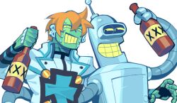 2boys alcohol arm_up bender_bending_rodriguez blonde_hair blue_trim bottle clothed_robot coat collared_coat commentary english_commentary futurama grin guilty_gear guilty_gear_xrd hair_between_eyes hover_hand humanoid_robot looking_at_another male_focus multiple_boys radio_antenna robo-ky robot short_hair simple_background smile sorrysap teeth white_background white_coat wing_collar